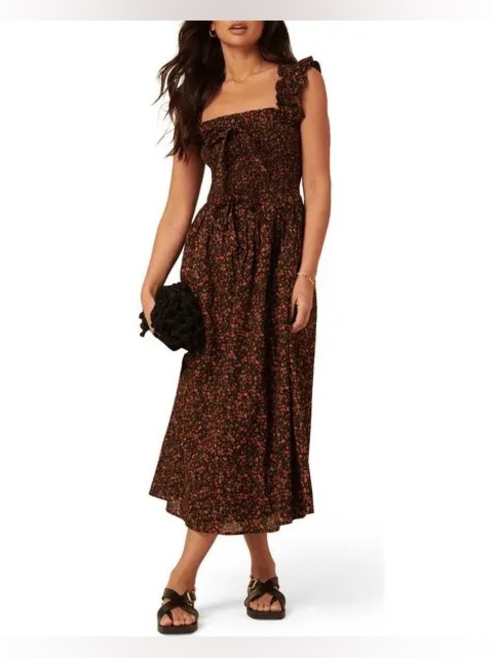 Smocked Floral Midi Dress in Dark Brown